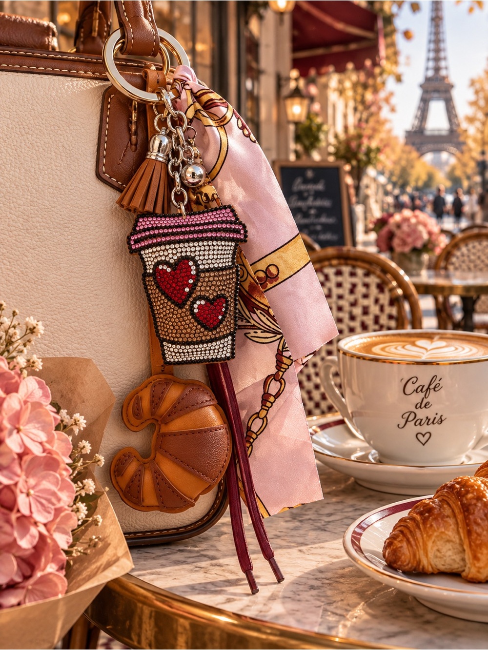 Paris Café Purse Charm Bundle | Bling Coffee Cup, Croissant + Scarf